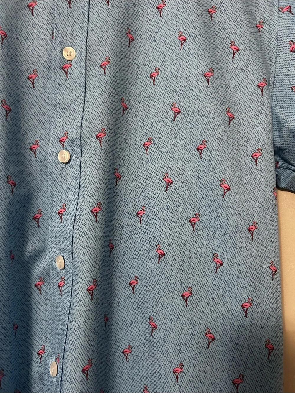 Men's Light Blue Short-Sleeve Button-Down Shirt with Flamingo Print, Size S - Picture 2 of 7